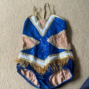Gold and Blue dance costume with open back and criss-cross straps